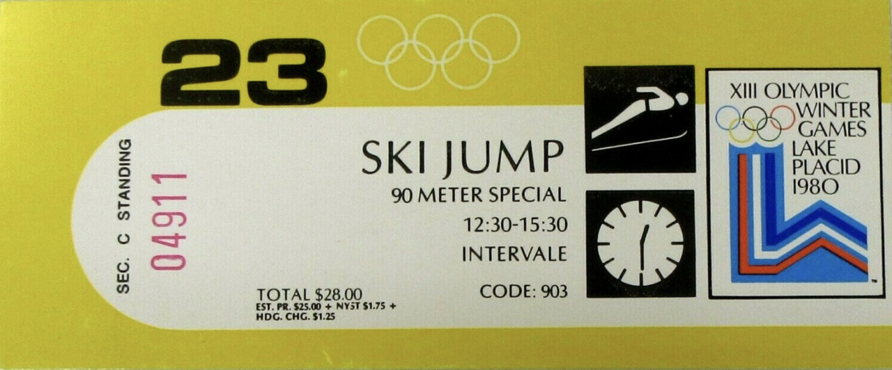 A yellow, white, and black ticket to a ski jumping competition at the 1980 Lake Placid Olympics.